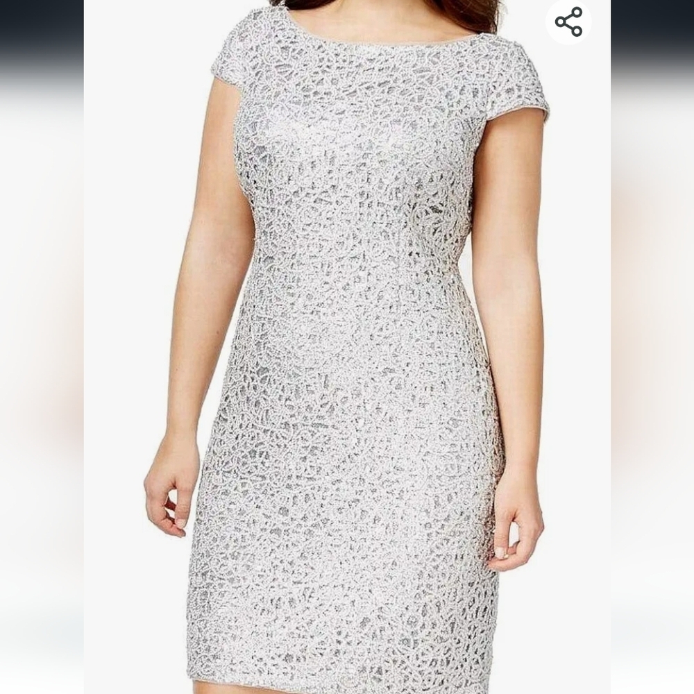 Adriana Papell Silver Chemical Lace Sequin Sheath Dress Size 16